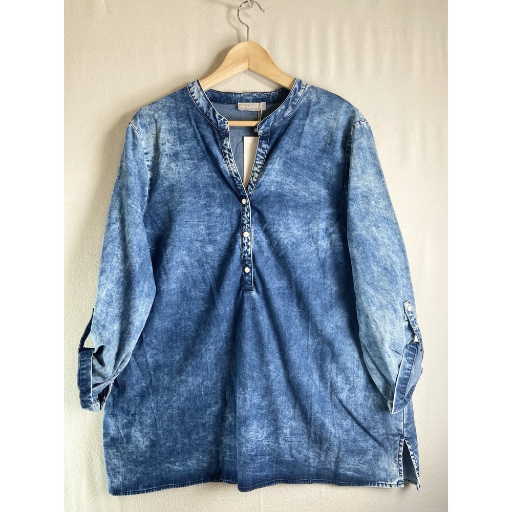 Milan Kiss Blue Denim Look Tunic Top Womens 2 M/L NWT Roll Sleeve Button Front